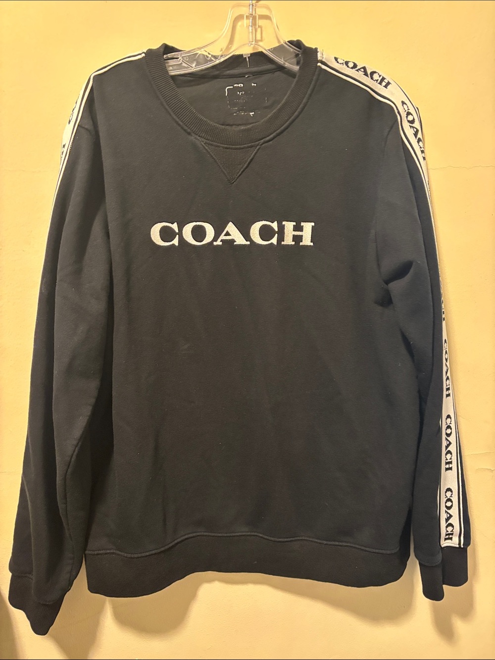 Coach Black Crewneck Sweatshirt with White Logo and Tape Sleeves